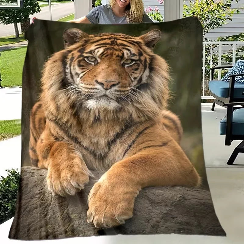 3D Tiger Animal Print Flannel Throw Blanket, Soft Cozy