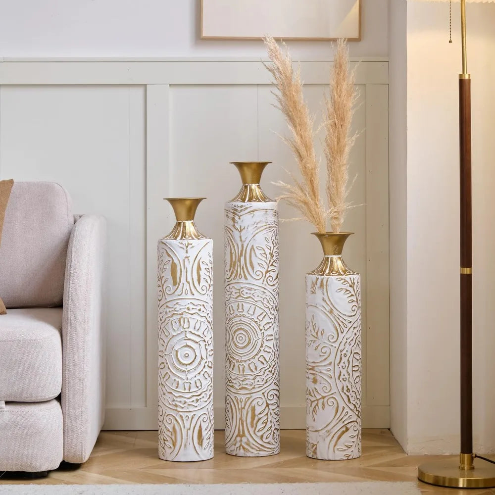 Set of 3 White & Gold Metal Vases - , 24in/28.7in/33.5in Tall