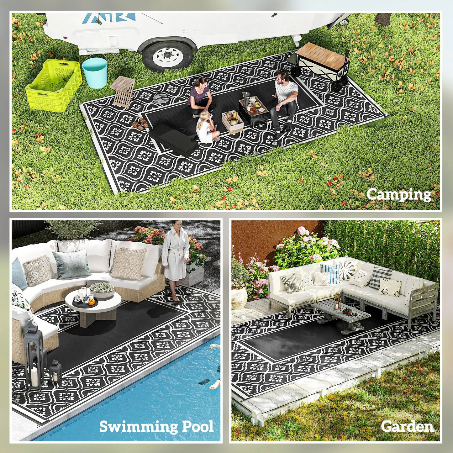 Outdoor Rug, 9' x 18' Floor Mat, Black White Gourd Border