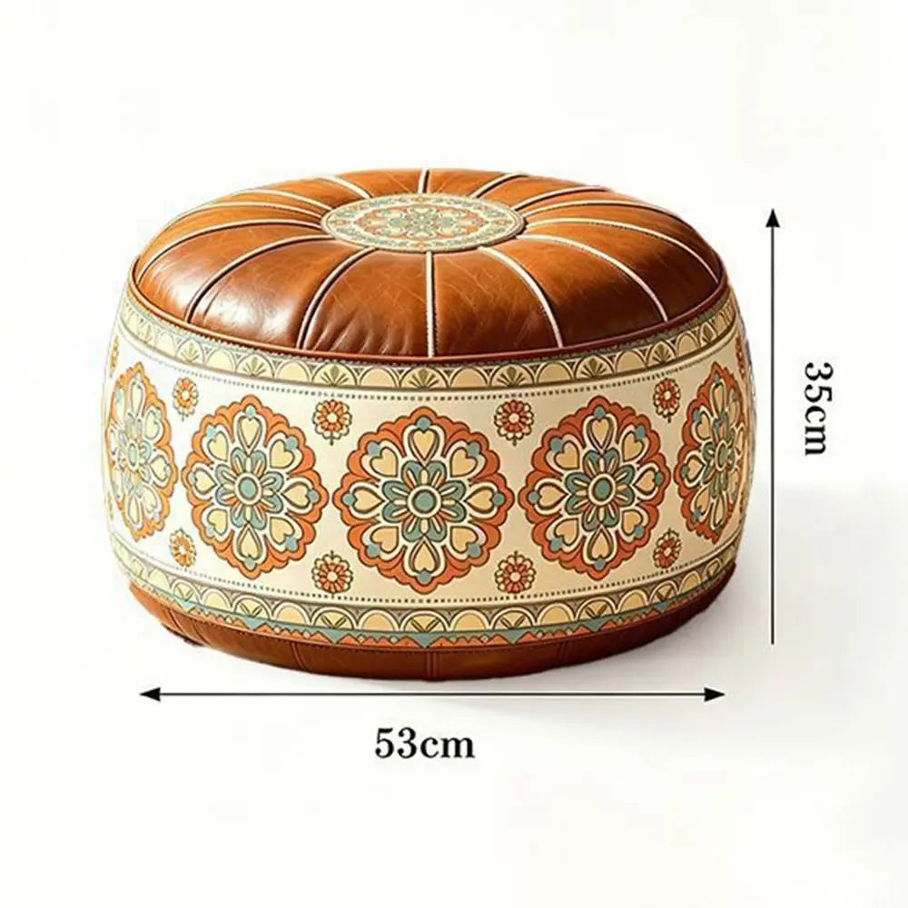 Leather Fillable Ottoman Pouf Embroidered Pattern Moroccan Style, Storage