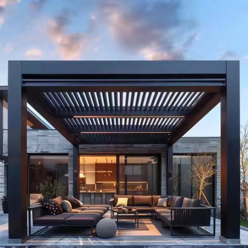 Aluminum pergola, rainproof, electrically adjustable gazebo