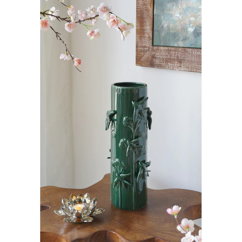 D7.9x18.9" Tall Green Ceramic Vase with Sculpted Birds and Vines
