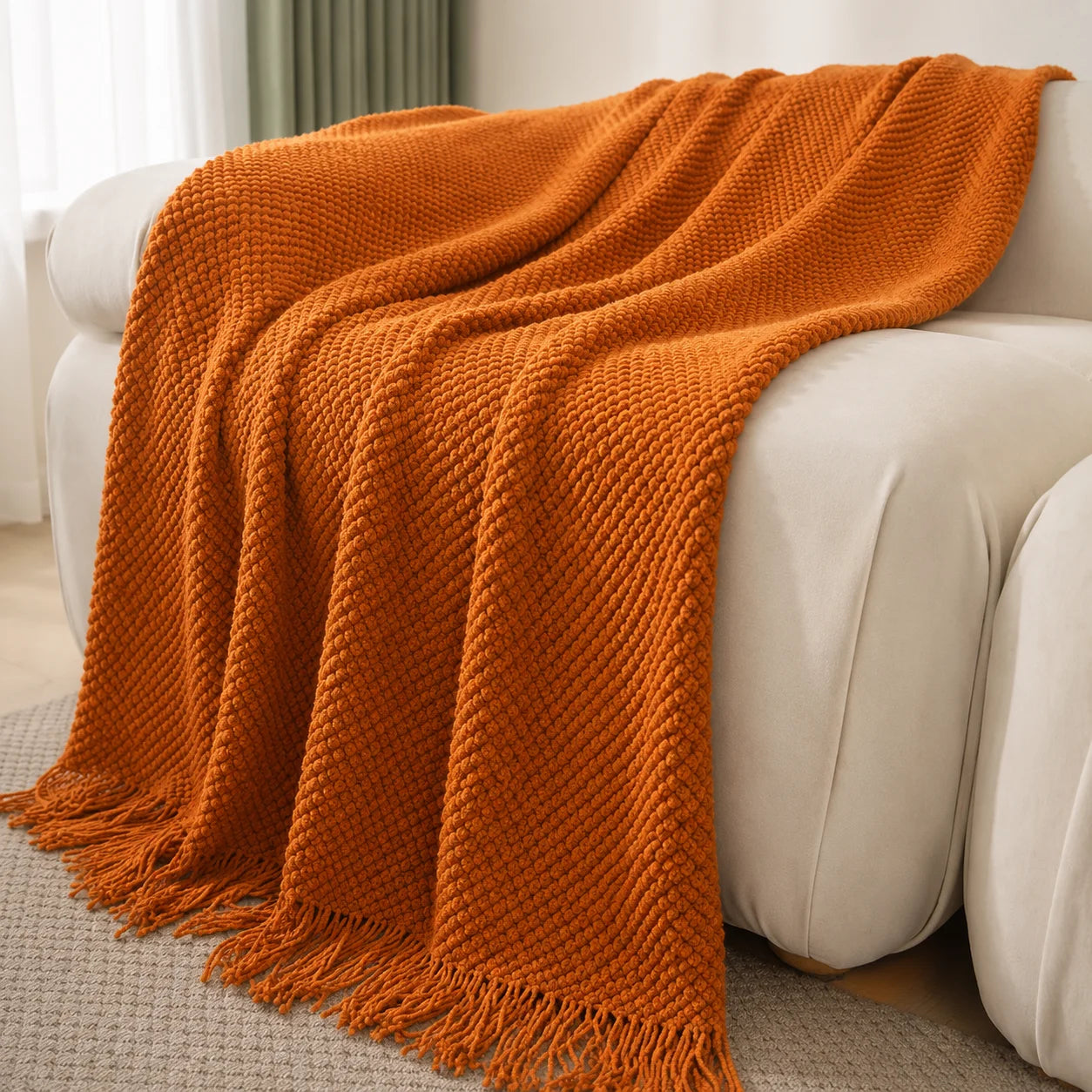 Textured Knit Throw Blanket with Tassel Fringe, Soft Knitted Decorative Blanket,
