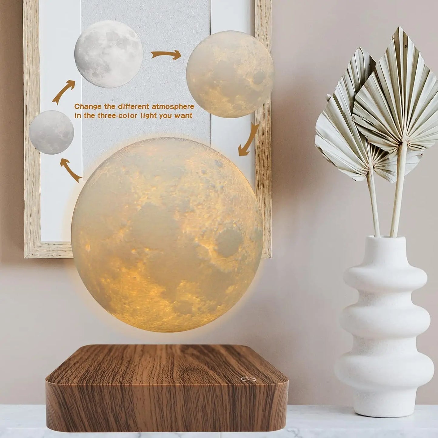 Magnetic Floating Moon with Wooden Base, 3 Color LED Night Lights