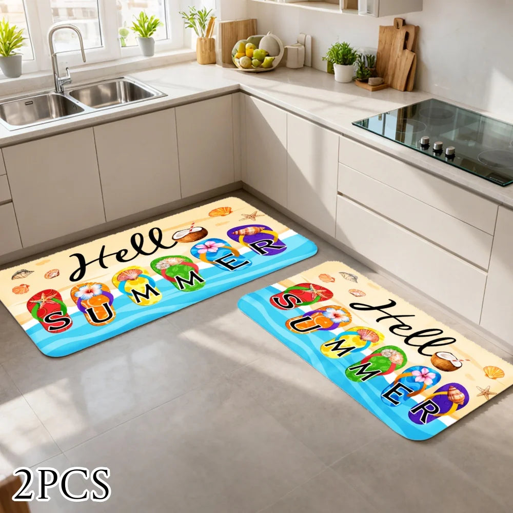 3PCS Kitchen Rugs Hello Summer Colorful Flip Flops Pattern Dining Mat