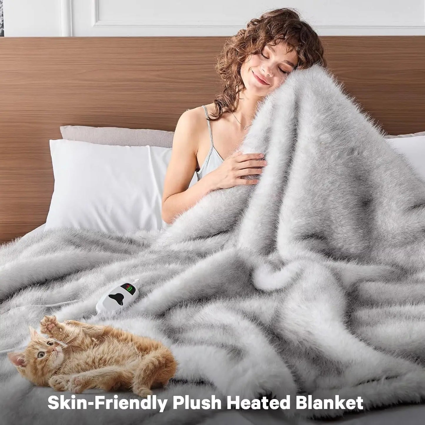 Faux Fur Heated Blanket 50'x60', 10 Heat Settings, 8H Auto Off - White