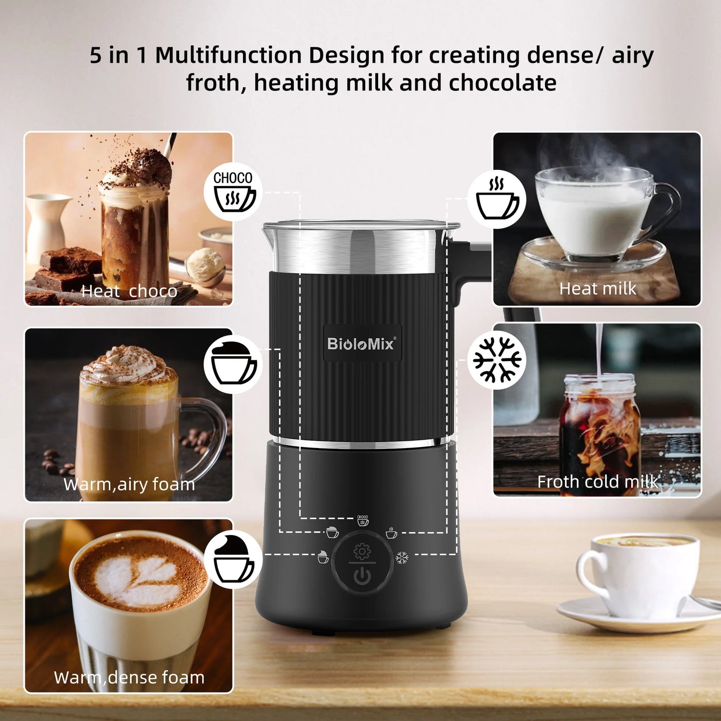 5-in-1 Automatic Hot/Cold Foam Milk Frother Dishwasher Safe