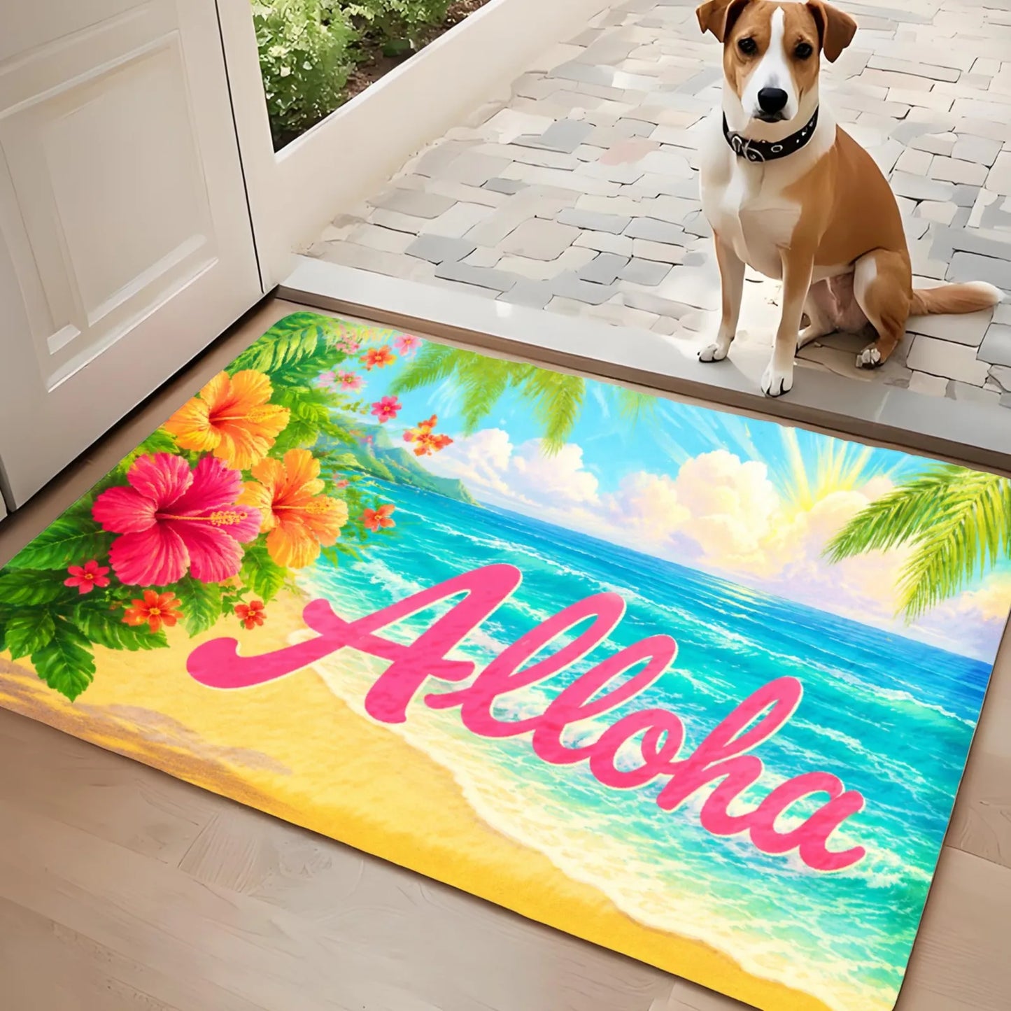 3PCS Rugs, Aloha Beach Palm Flowers Sky Ocean Sun Dining Mat