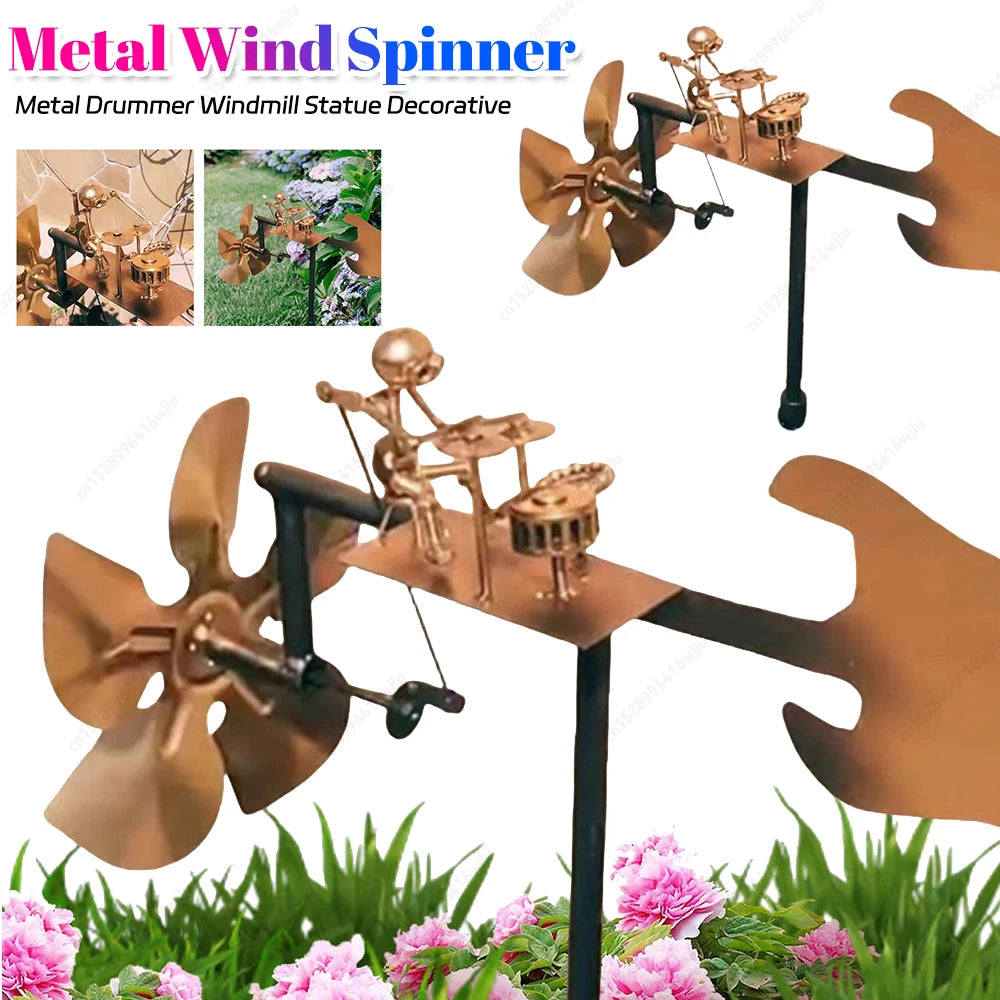 Handcrafted Metal Drummer Windmill Statue Spins