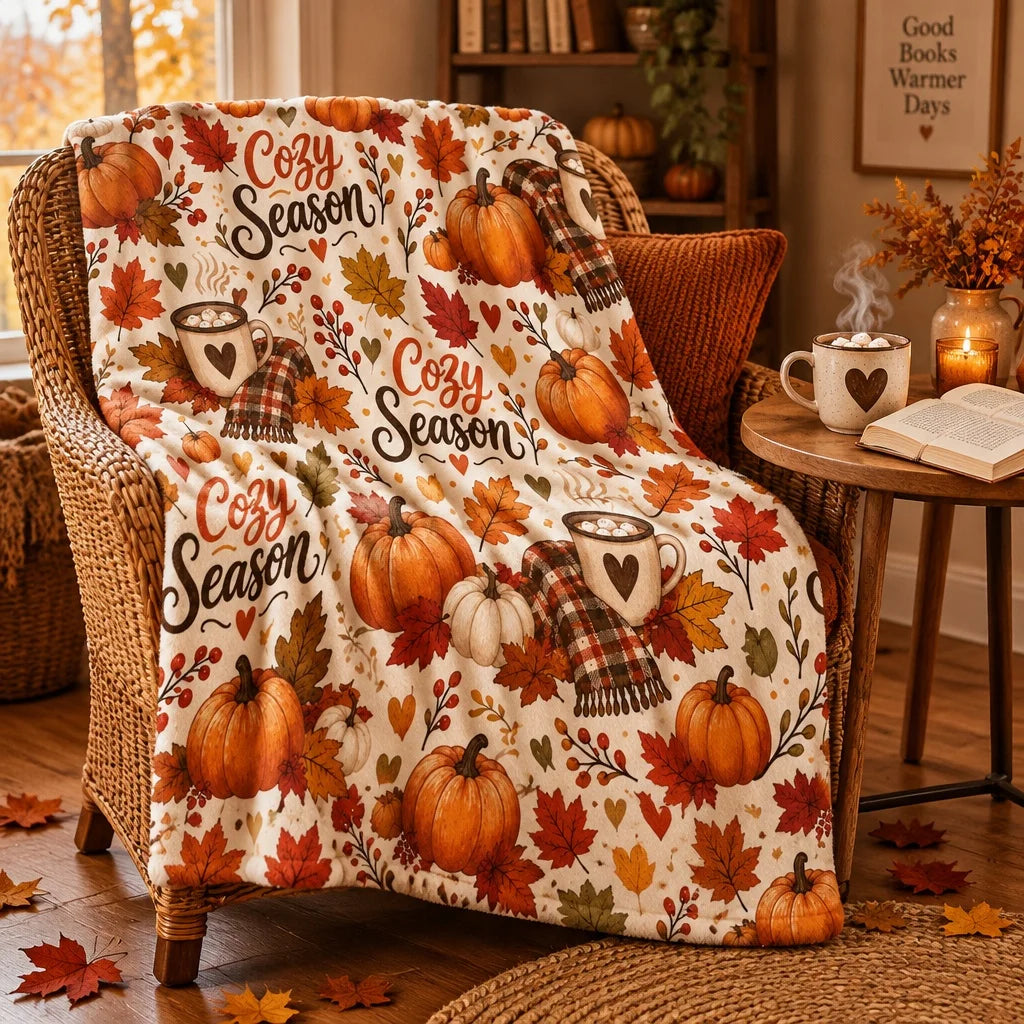 Autumn Harvest Throw Blanket, Fall Leaves & Pumpkin  Warm Blanket