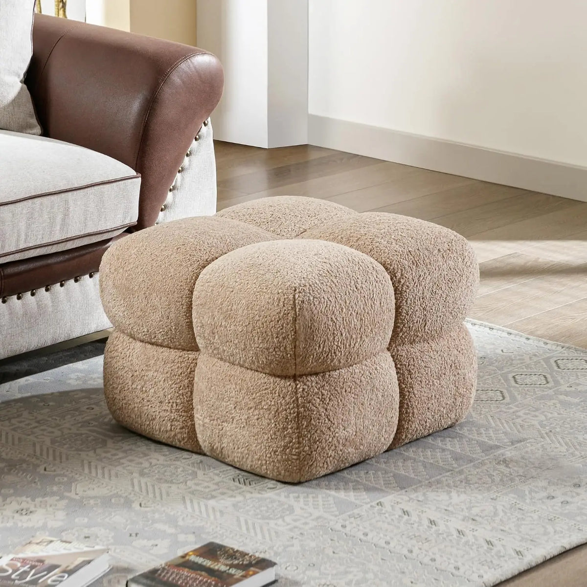 Fuzzy Ottoman Square Sherpa Pouf Tufted Boucle Fabric