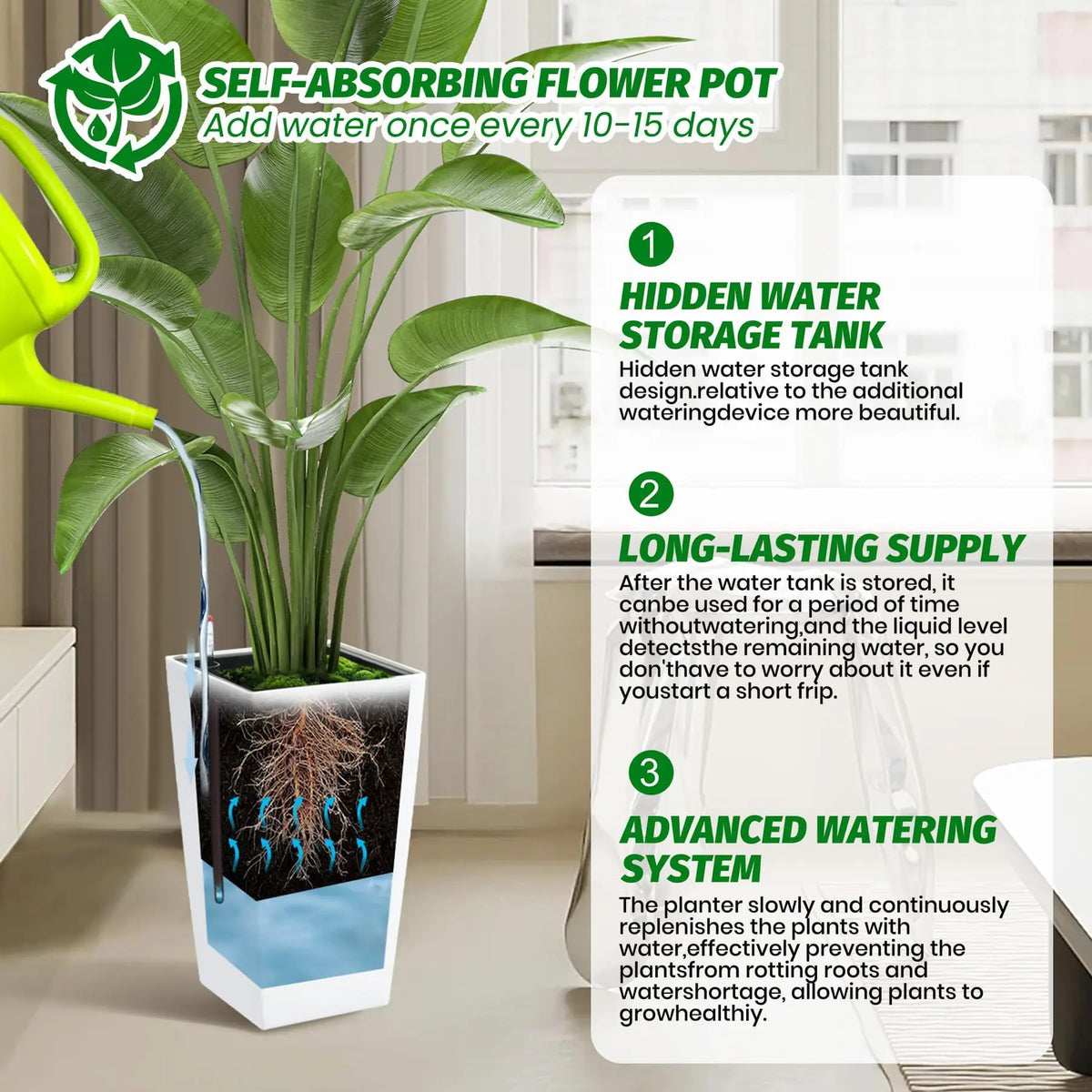 15.7"/22.5" Tall Planters Set Of 2, Self Watering With Drainage