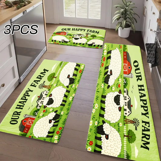 3PCS Kitchen Rugs,Home Decoration for Front Door, Kitchen, Bathroom, Our Happy Farm Sheep Barn Field Dining Mat