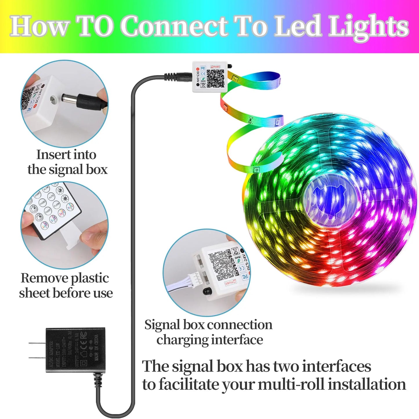 16ft/49ft/98ft/196ft Long LED Strip Lights - Color-Changing RGB Music Sync LED Rope