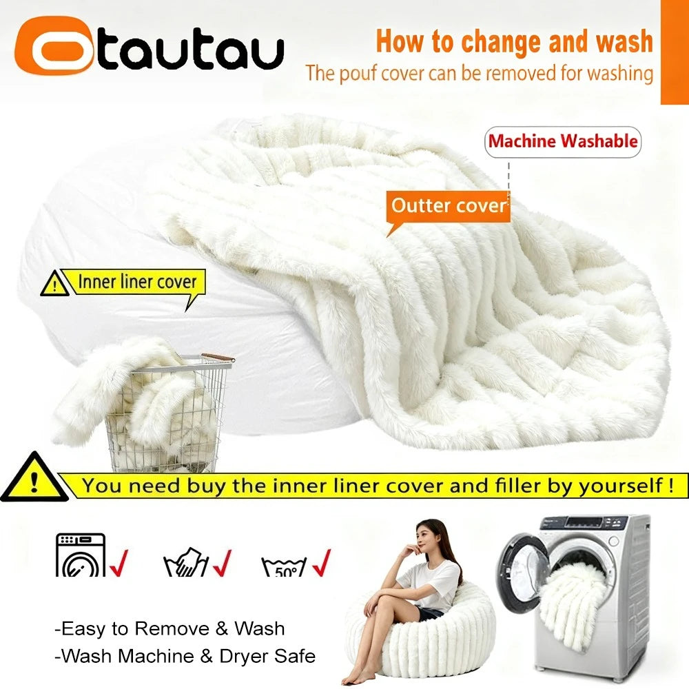 OTAUTAU Children Adults 2.6ft Thick Soft Fluffy Faux Fur Fluffy Bean Bag Chair with Filling Winter Christmas Pouf Ottoman DD234