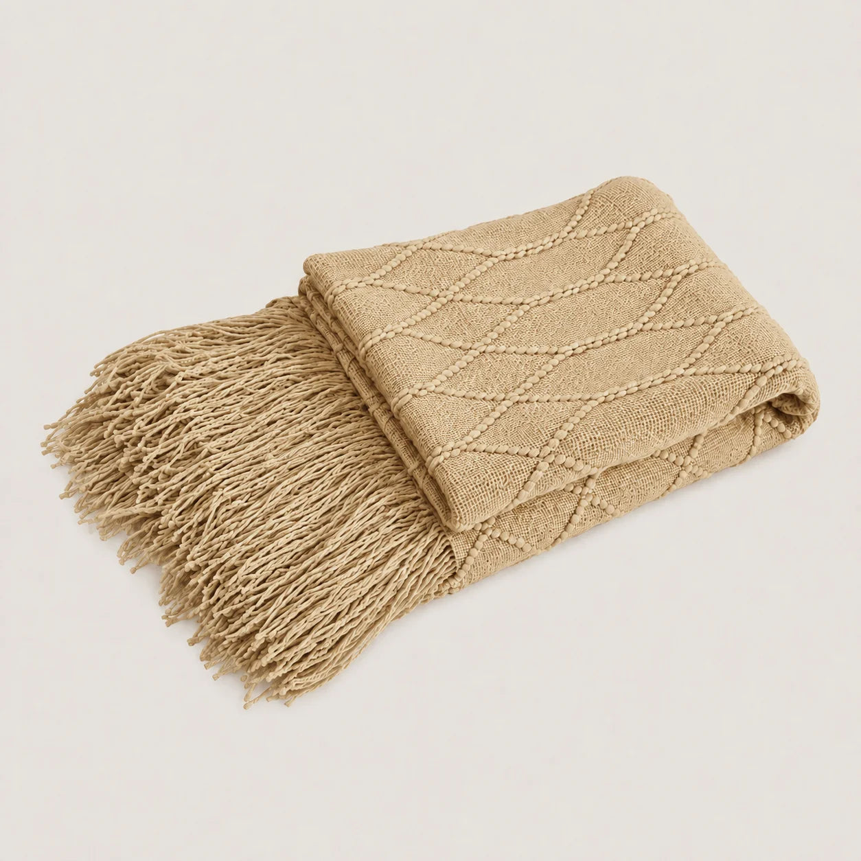 Khaki Popcorn Bobble Textured Knit Throw Blanket with Tassel Fringe, Soft Knitted Decorative Blanket, Lightweight Cozy Cover for Couch Sofa Bed, Boho Farmhouse Home Decor for Living Room Bedroom