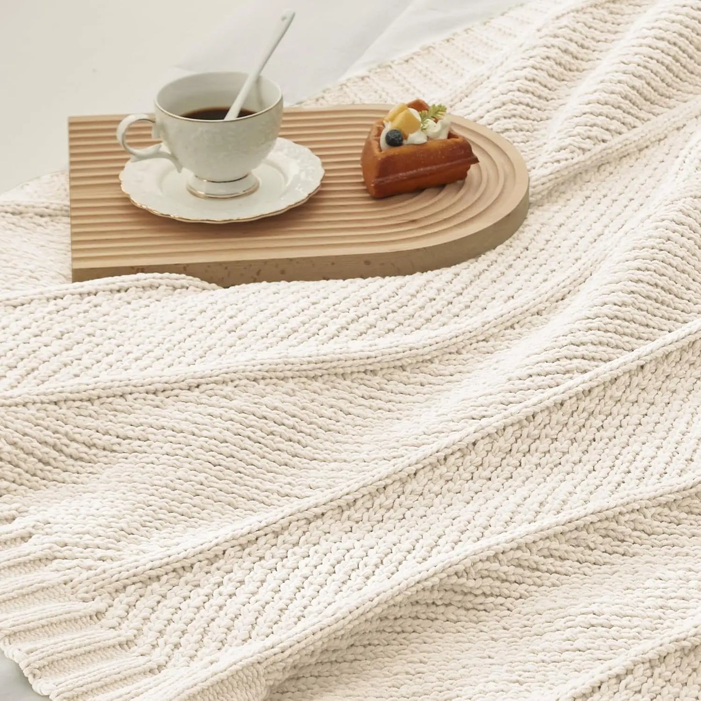 Chenille Knit Throw, Chunky Knit Soft Blanket , Ivory, 50"x 60"