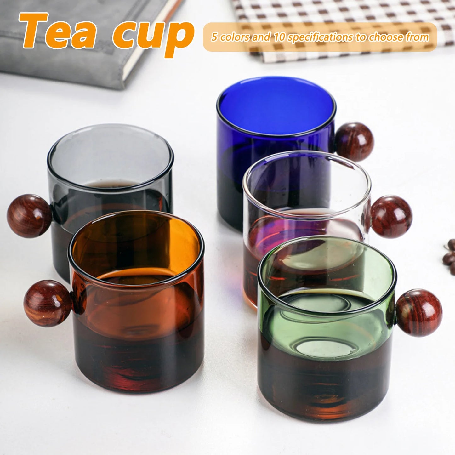 Colorful Glass Coffee Mugs With Wooden Ball Handle 120/200ml