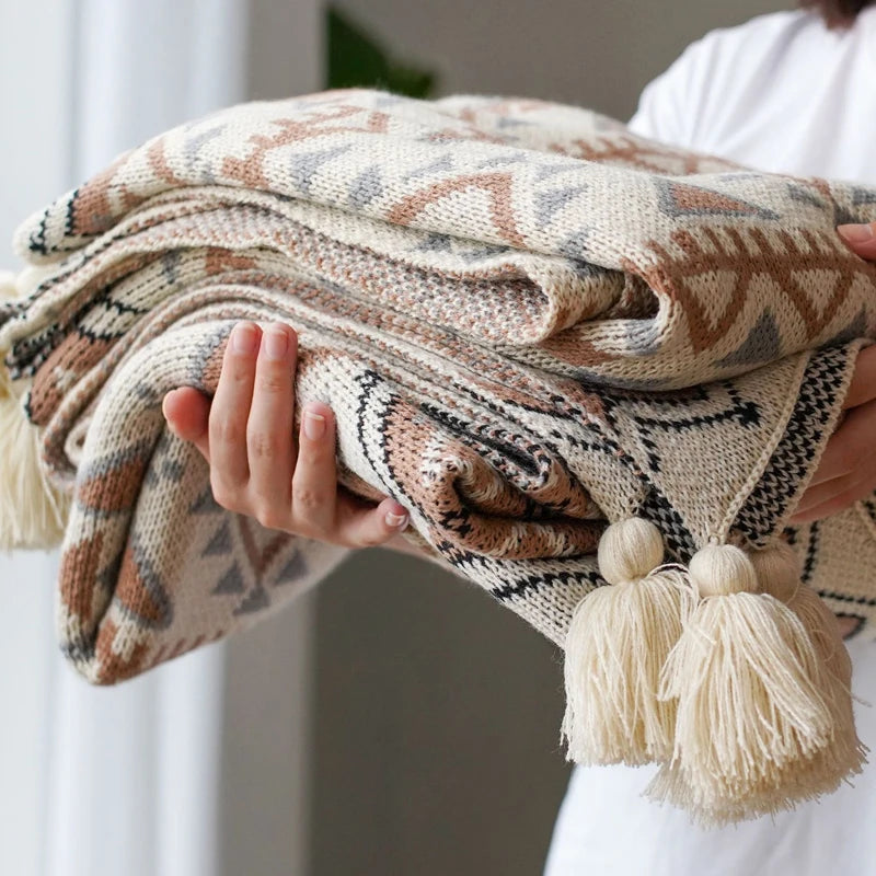 Boho Throw Blankets Knitted Brown Tassel