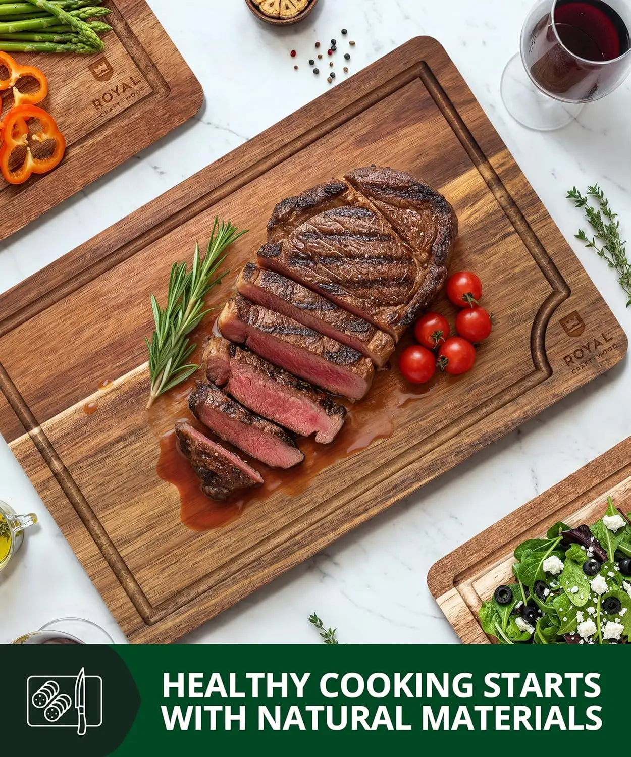 Acacia Wood Cutting Boards Set of 3 with Deep Juice Groove