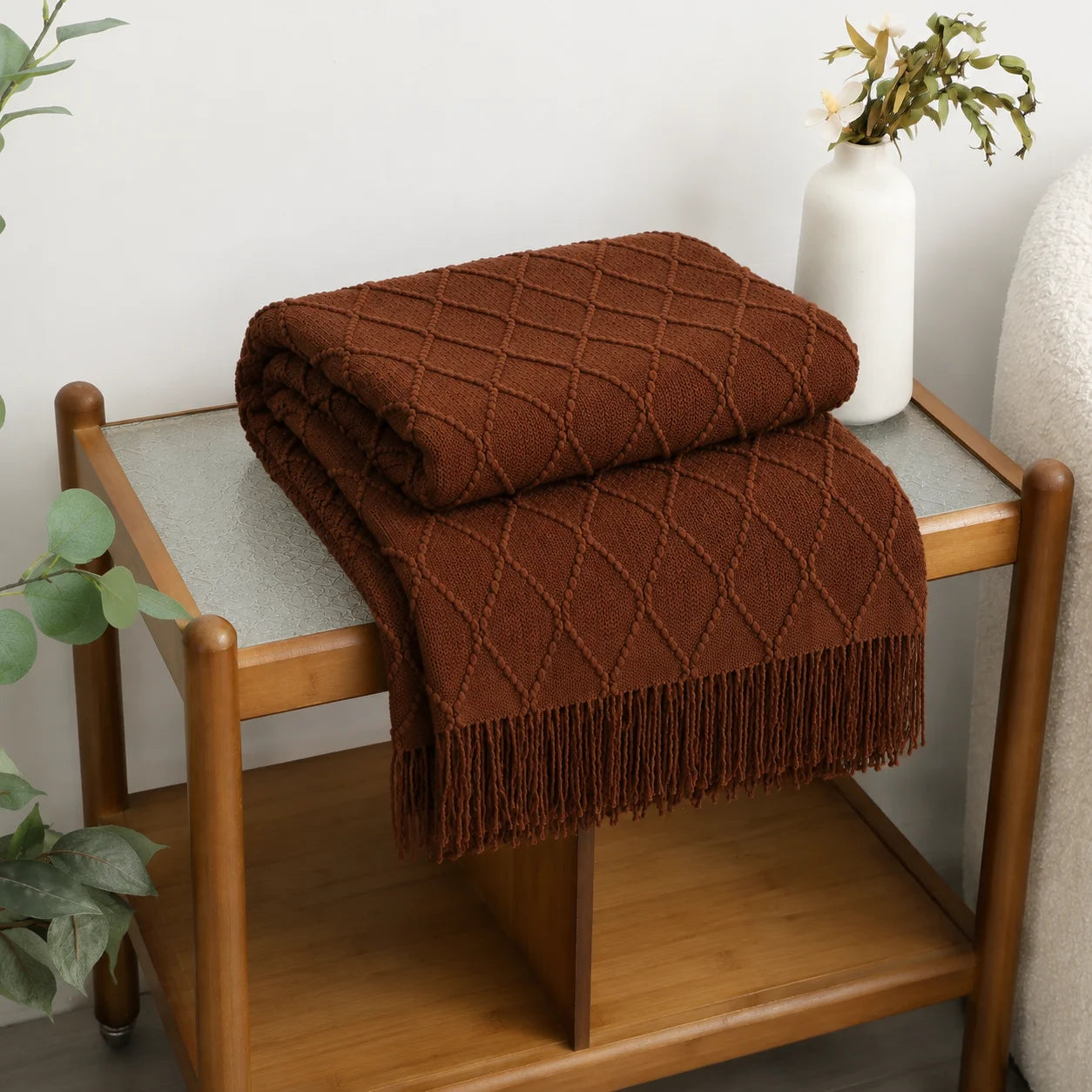 Cream Popcorn Bobble Textured Knit Throw Blanket with Tassel Fringe,