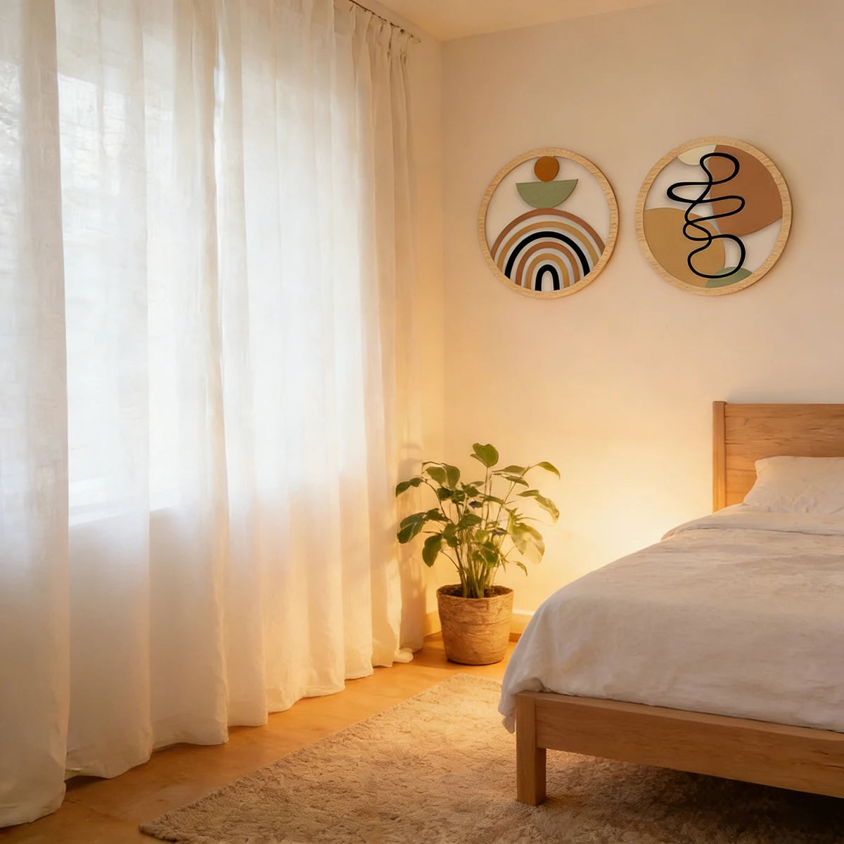 4Pcs Boho 2D Wave Wall Art Round Wooden Hanging Signs