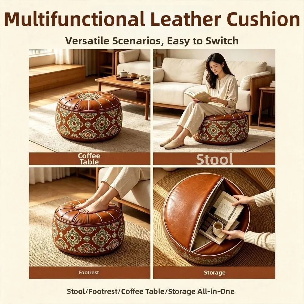 Leather Fillable Ottoman Pouf Round Shape Moroccan Style Storage
