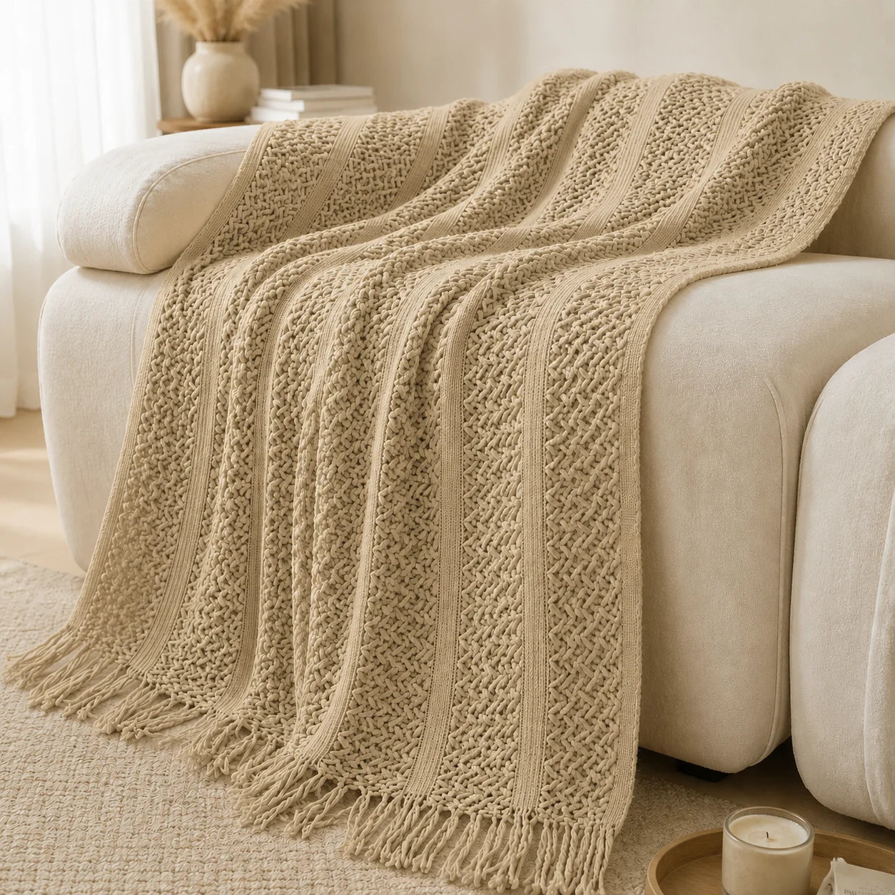 Textured Knit Throw Blanket with Tassel Fringe, Soft Knitted Decorative Blanket,