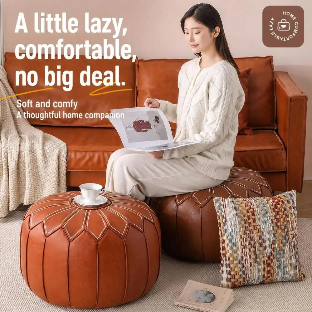 PU Leather Fillable Ottoman Pouf Embroidered Pattern
