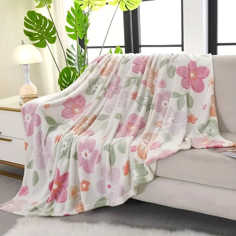 Pastel Pink Floral Print Flannel Throw Blanket, Soft Cozy