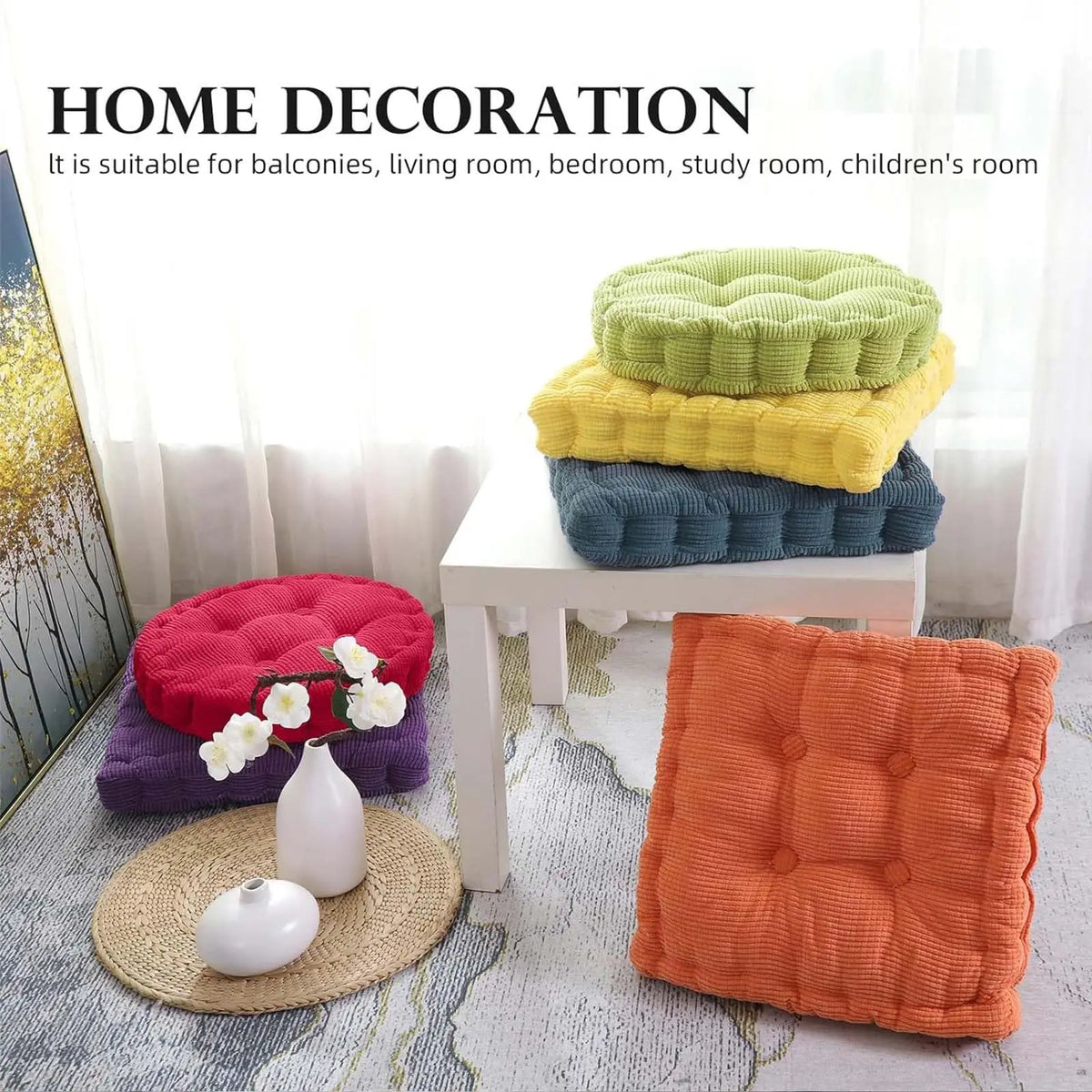 2Pcs Thick Corduroy Floor Cushion, Square & Round Tufted