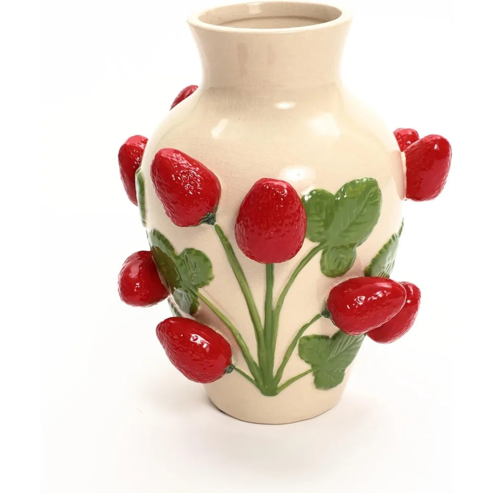 Unique Ceramic Flower Vase, with Red Strawberries