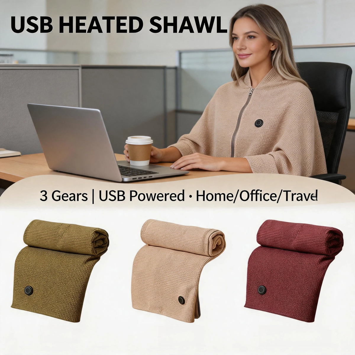 Wearable Electric Heated Shawl 3 Gears Zipper USB