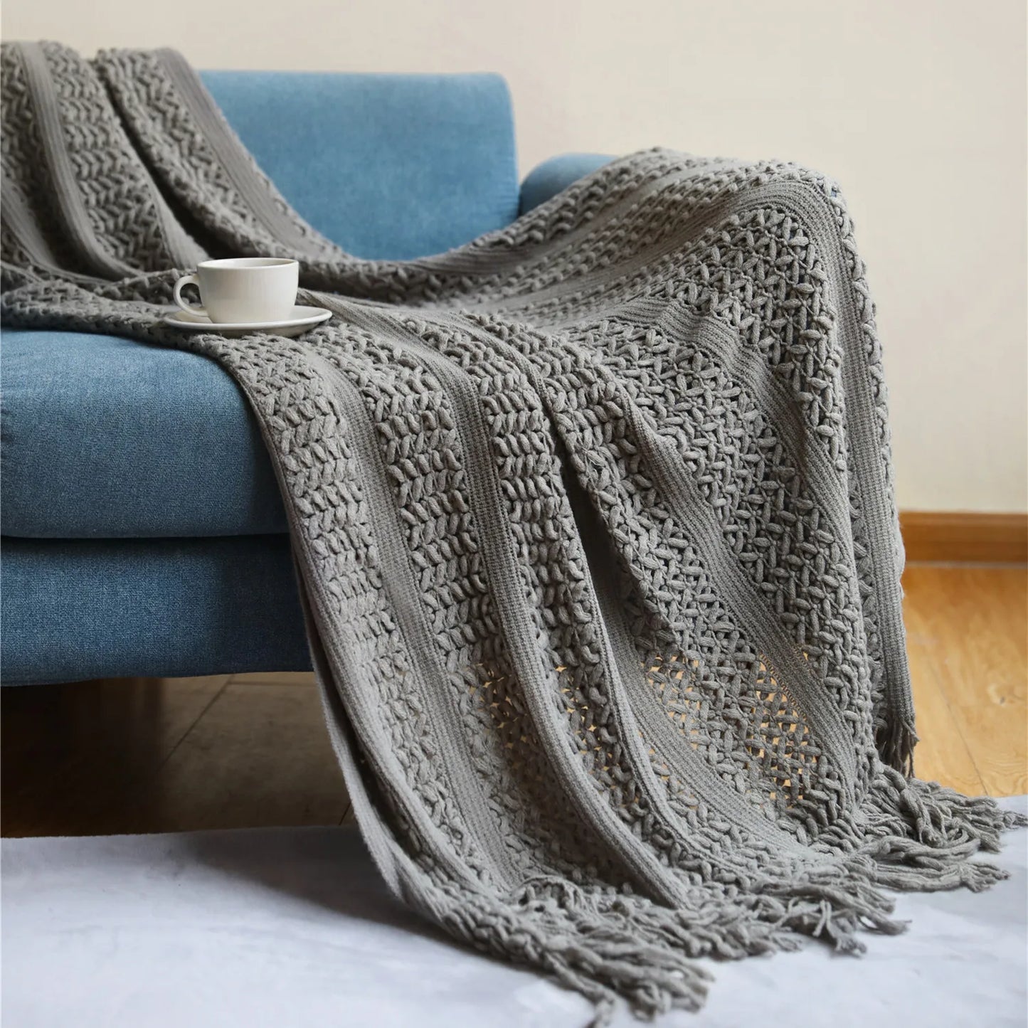 Nordic Crocheted Blanket Khaki Throw Blanket Tassels