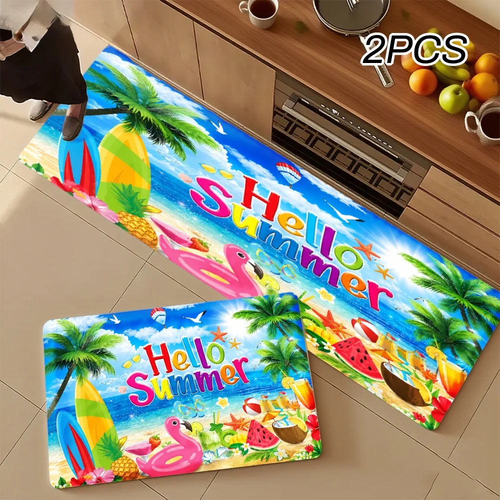 3PCS Rugs,Hello Summer Palm Trees Beach Ball Watermelon Dining Mat