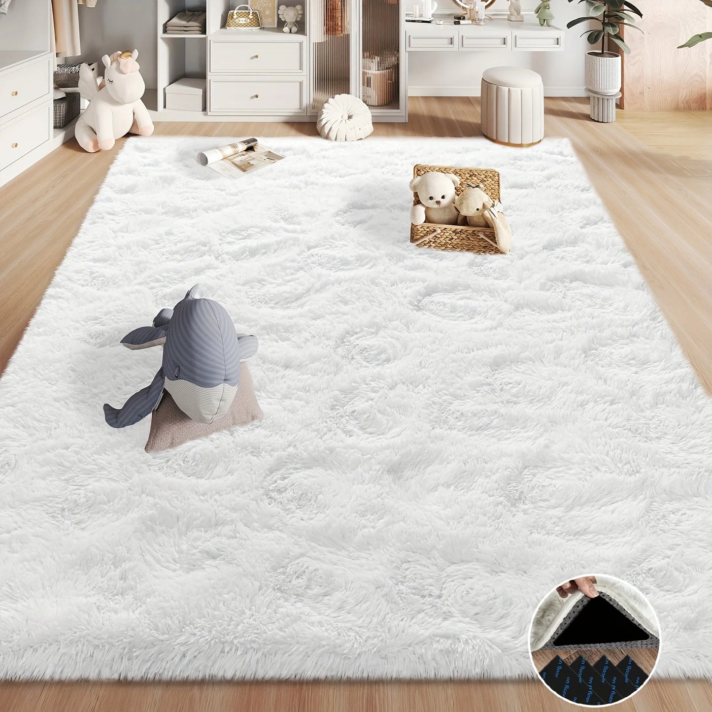 White Fluffy Shaggy Non-Slip Rugs with 4 Stickers,