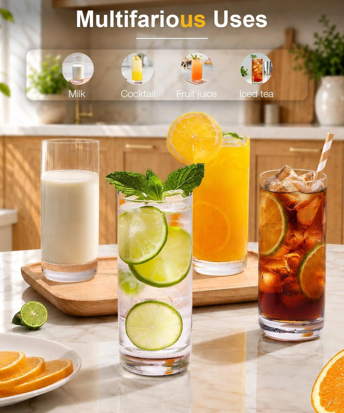 Drinking Glasses Set of 8, 16Oz Crystal Highball Glasses,