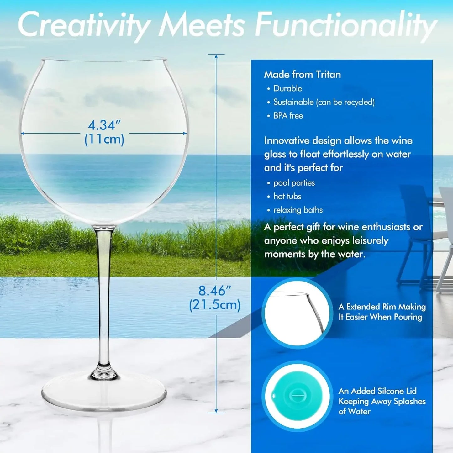 Floating Wine Glasses for Pool with Cup Lids | Set of 2 | Shatterproof