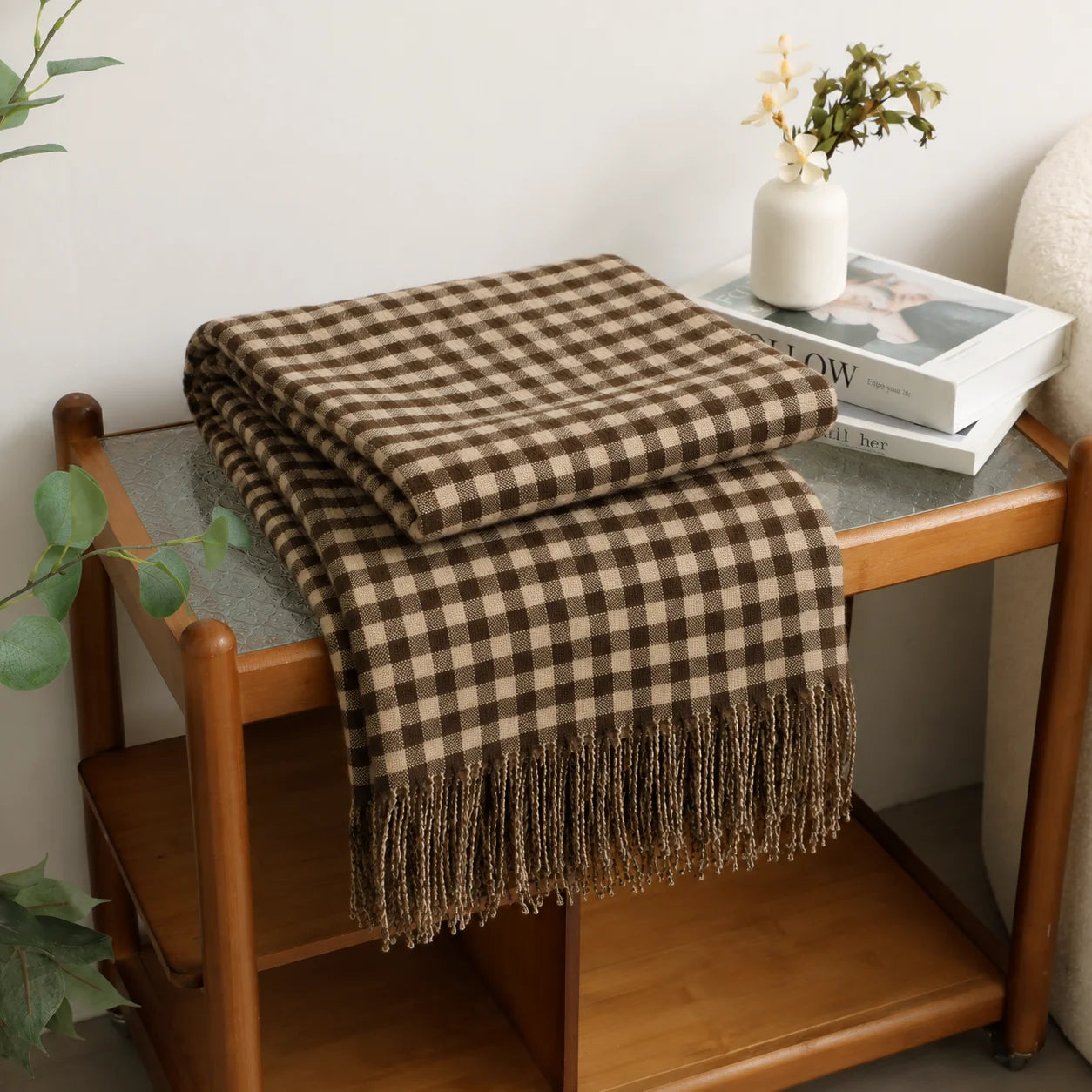 Cream Popcorn Bobble Textured Knit Throw Blanket with Tassel Fringe,