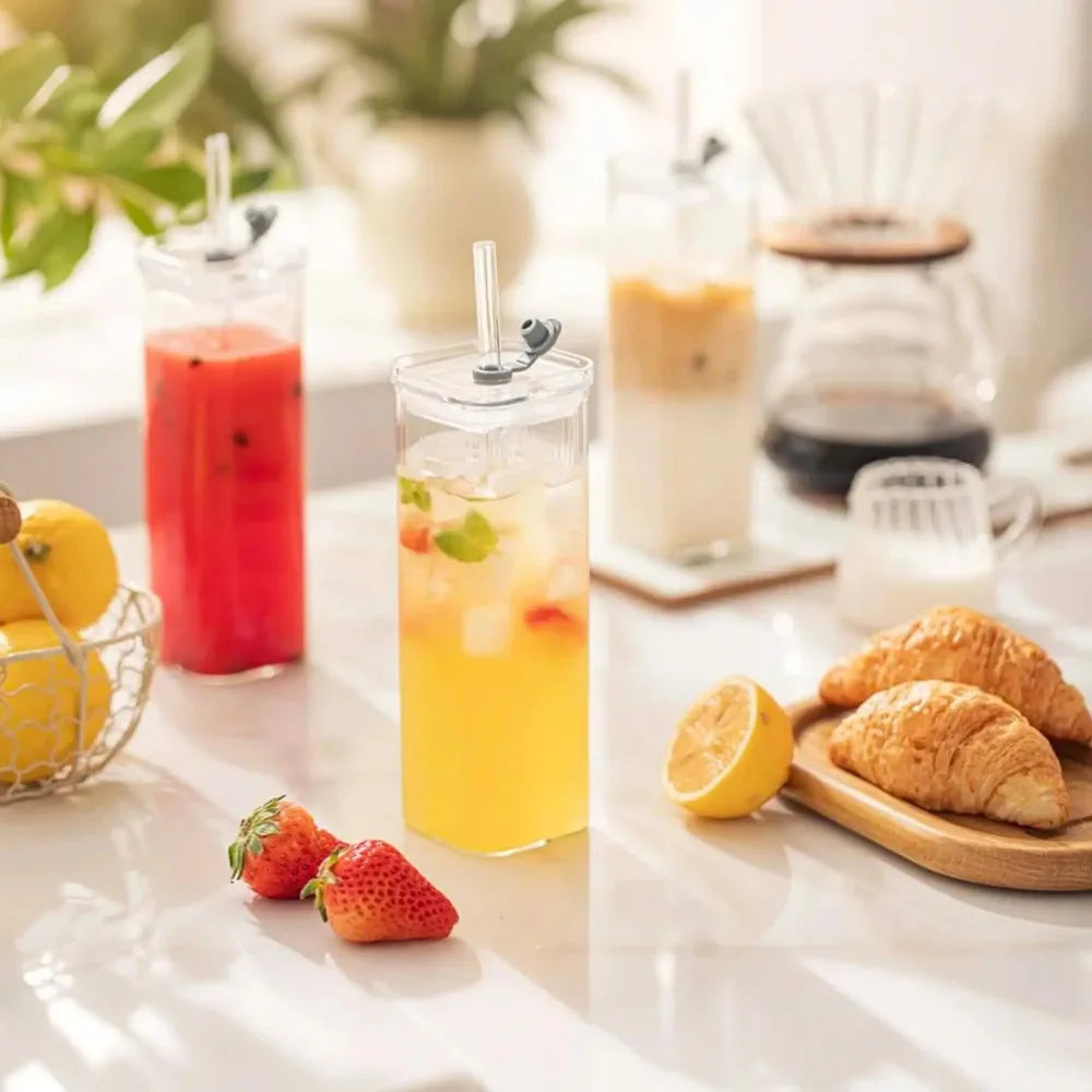 Square Glass Tumblers with Lid & Straw –(Lids Straws Included)