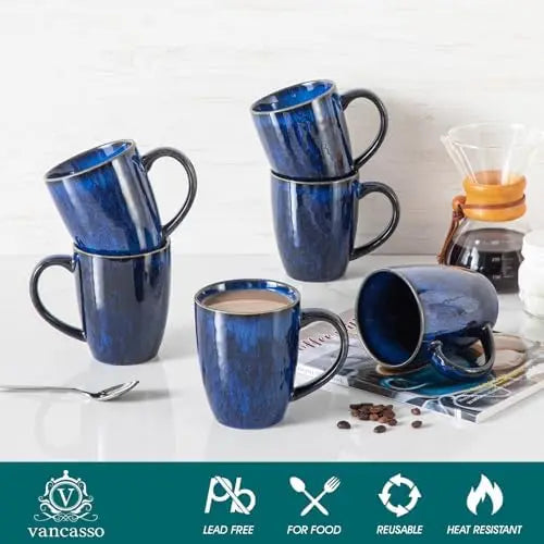 16 Oz Ceramic Coffee Mug Set of 6, Microwave & Dishwasher Safe, Blue