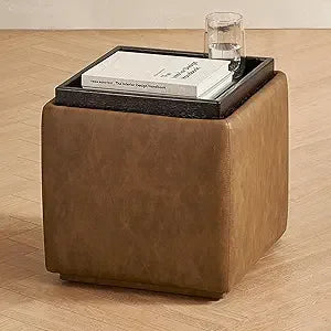 Luna Round Ottoman with Storage and Tray, Round Coffee Table