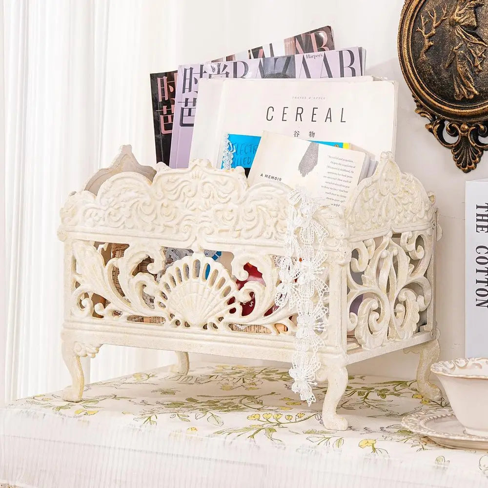 Rustic White Cast Iron Basket -  Organizer Magazines, and Utensils