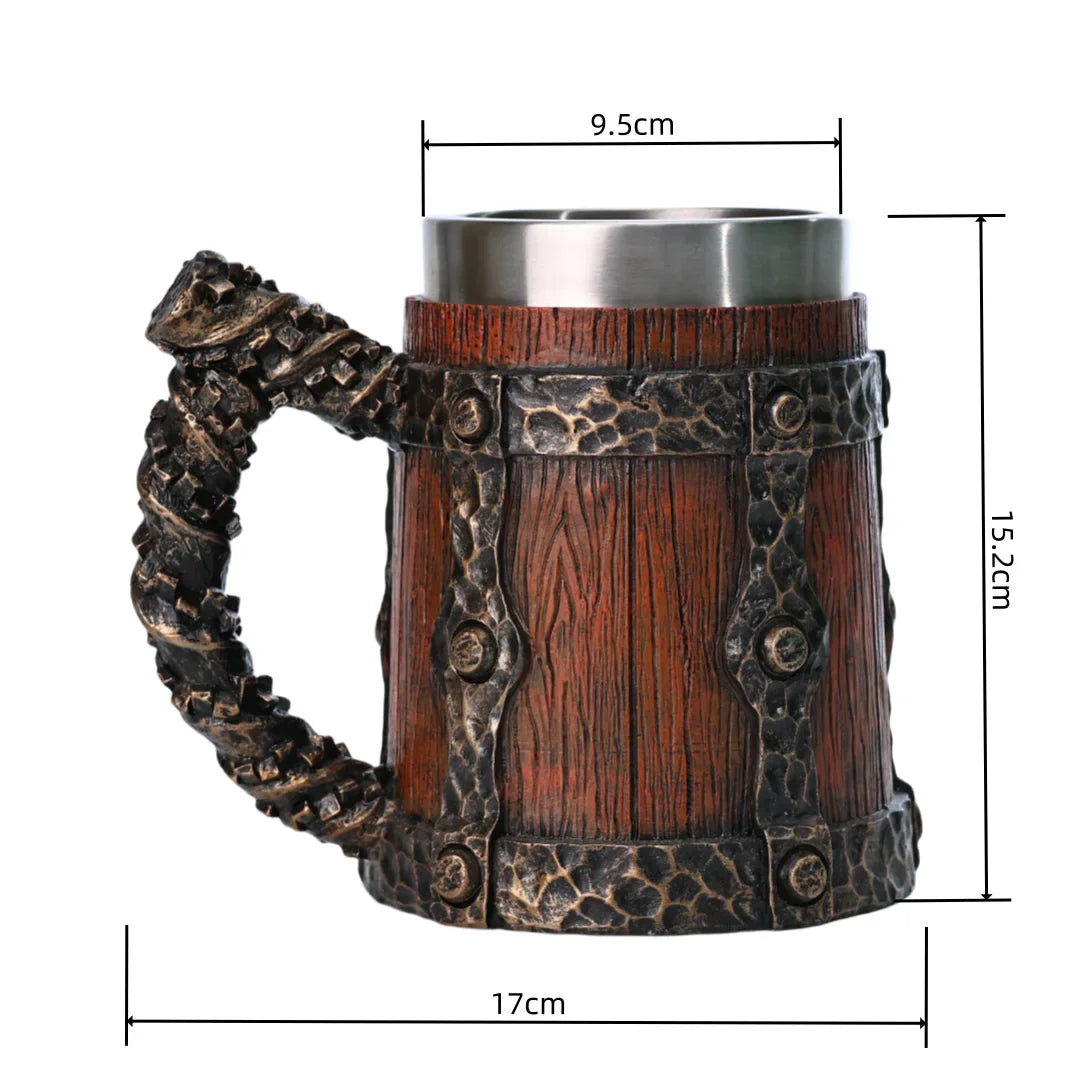 Viking Imitation Wood Resin Beer Mug -Handmade Stainless Steel Line