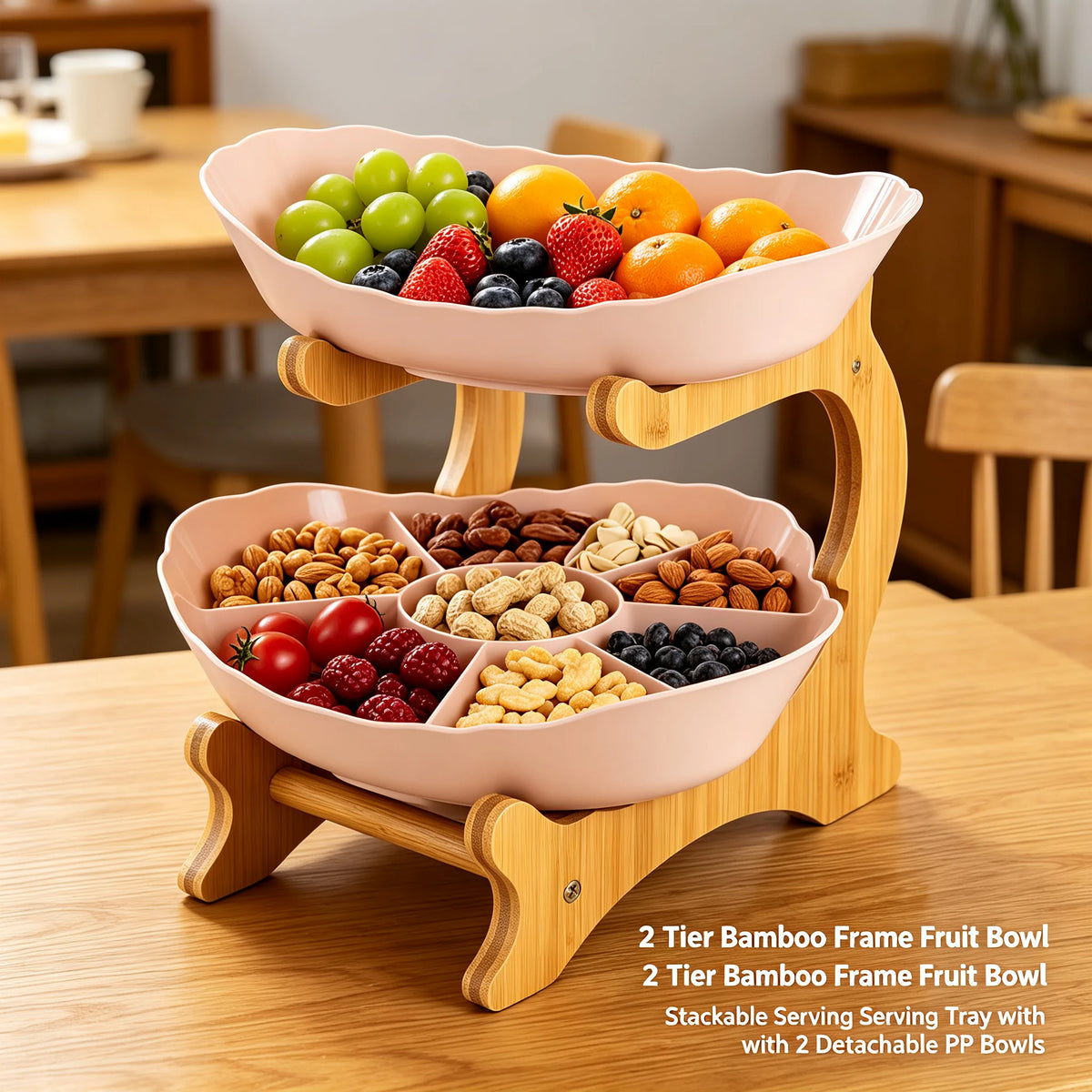 Tier Fruit Bowl Bamboo Frame with  Bowls, Stackable Fruit Basket Stand
