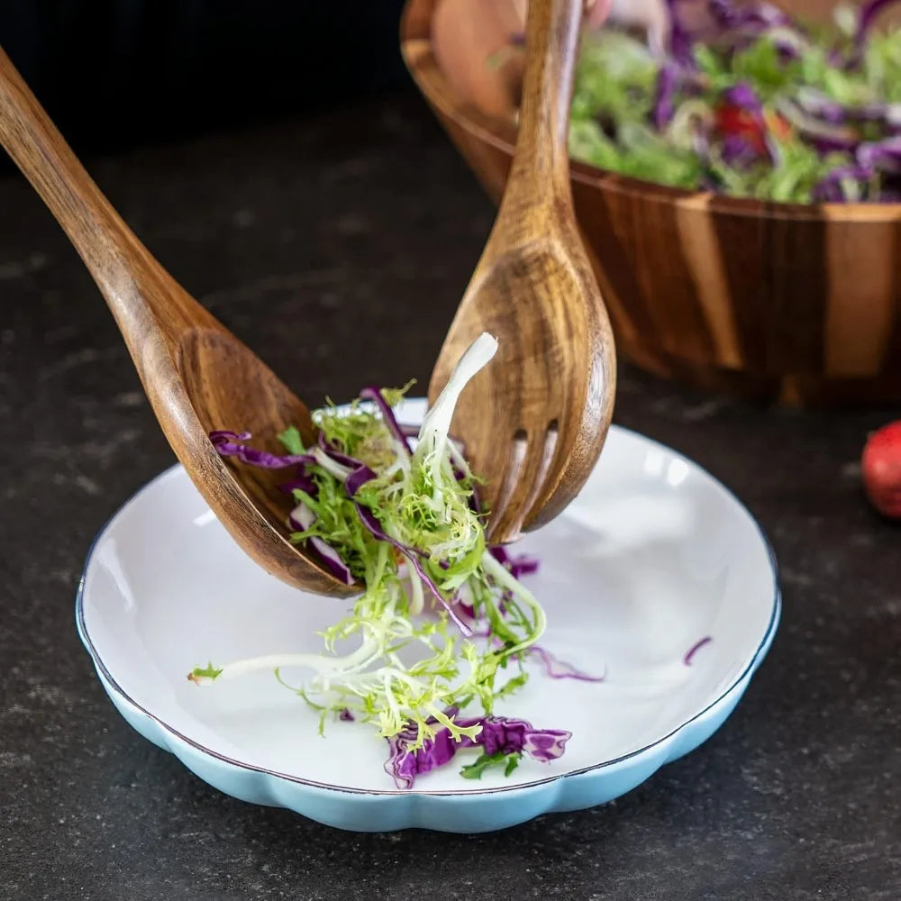 Large Acacia Wood Salad Bowl Set with Utensils, 12"
