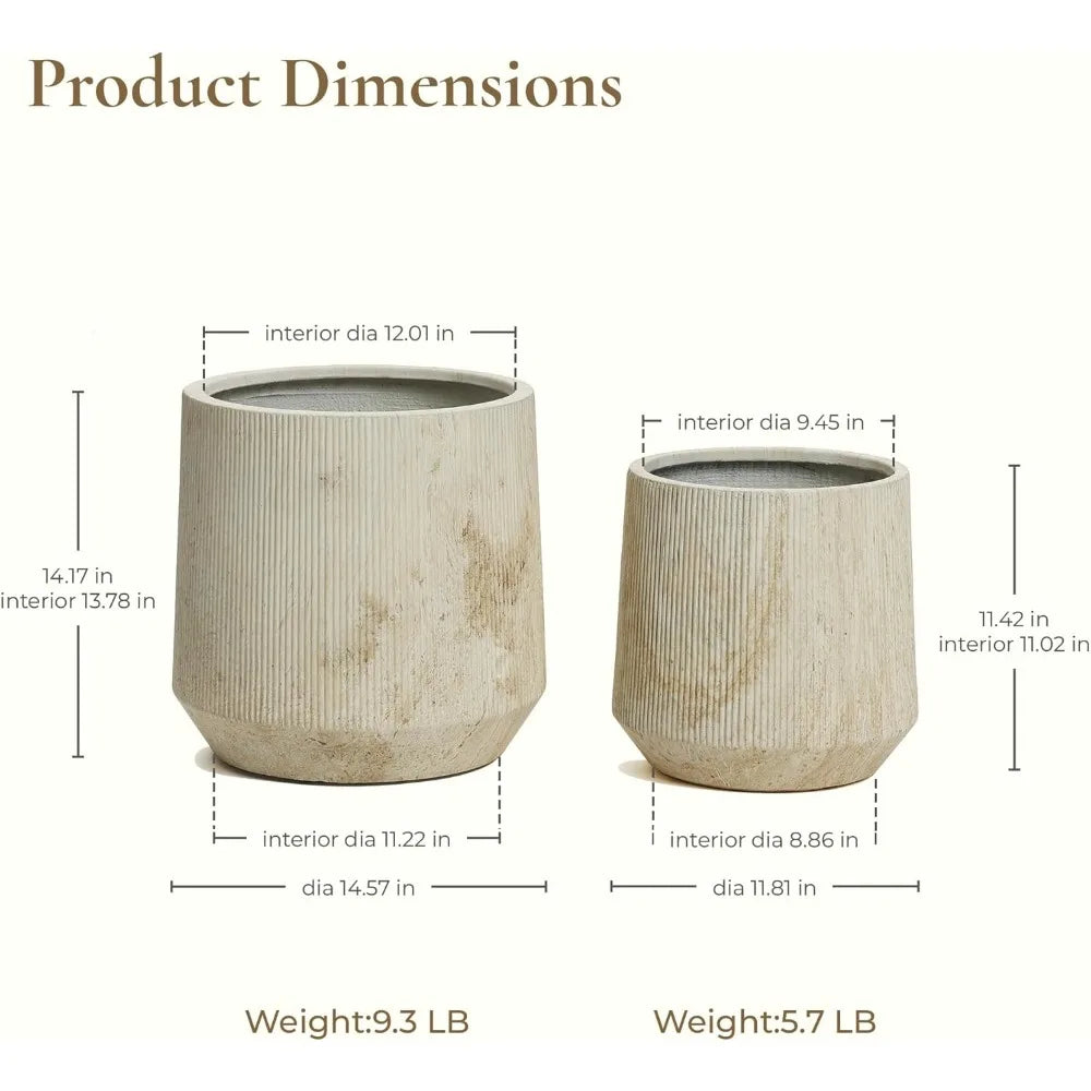 Round Planters, Set of 2 Large Outdoor, Drainage Hole