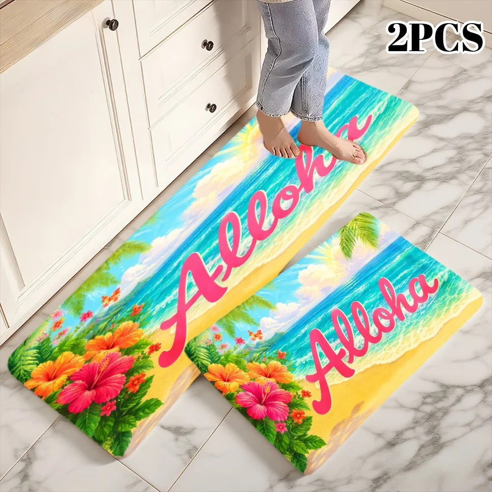 3PCS Rugs, Aloha Beach Palm Flowers Sky Ocean Sun Dining Mat