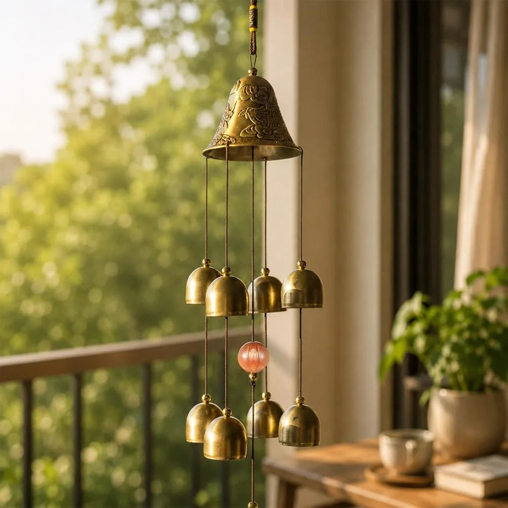 Copper  Wind Chimes Tibetan Style Bells with Lucky Coin Pendant Hanging