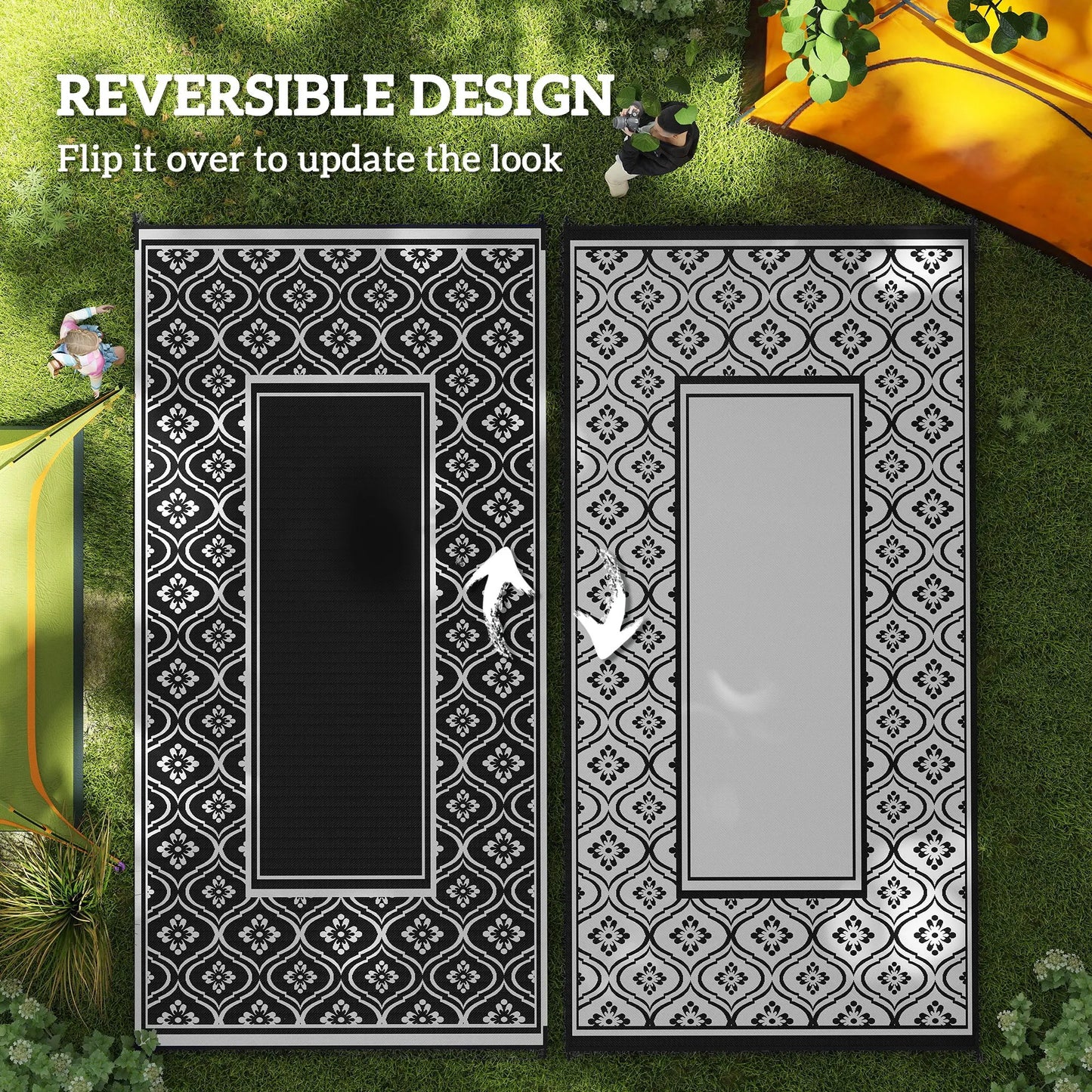 Outdoor Rug, 9' x 18' Floor Mat, Black White Gourd Border